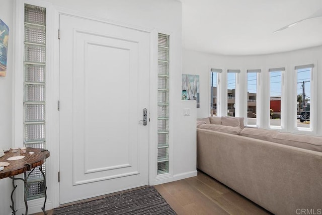 entryway with a healthy amount of sunlight, baseboards, and wood finished floors