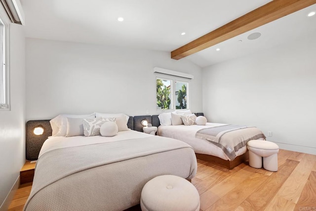 bedroom with recessed lighting, baseboards, lofted ceiling with beams, and light wood-style flooring