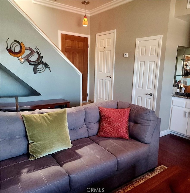 living area with ornamental molding and dark wood-style flooring