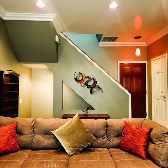 3800 Stocker St Unit 17, View Park, CA 90008 - living room with ornamental molding, recessed lighting, and stairway