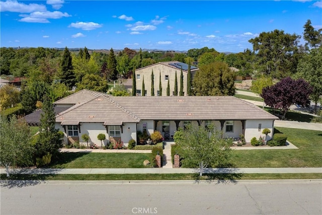 ranch-style home featuring stucco siding and a front lawn