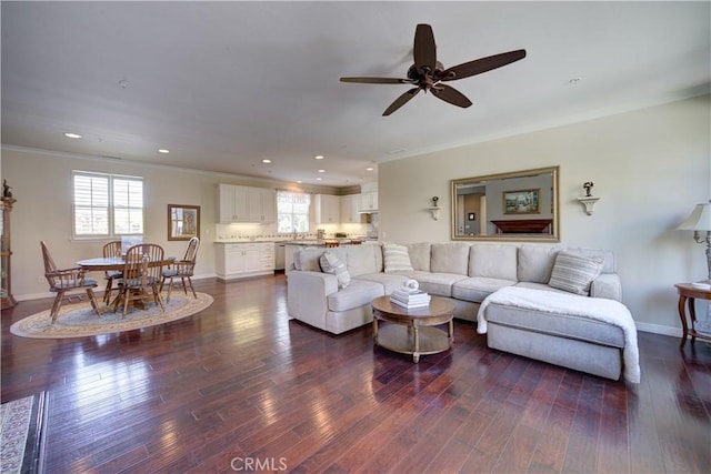 living area featuring crown molding, ceiling fan, recessed lighting, baseboards, and dark wood-type flooring