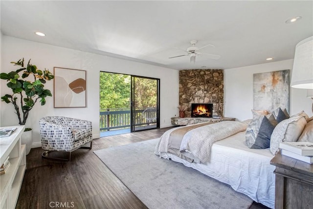 3392 Coy Dr, Sherman Oaks, CA 91423 - bedroom featuring access to outside, wood finished floors, a fireplace, a ceiling fan, and baseboards