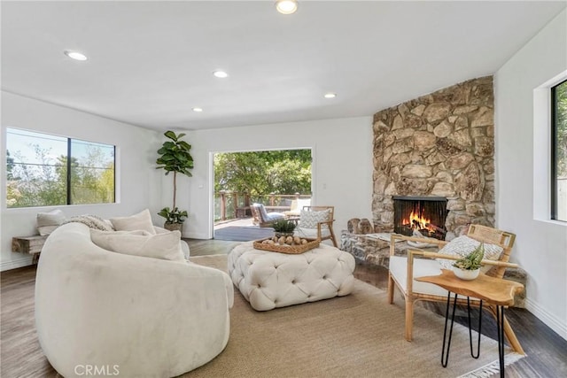 3392 Coy Dr, Sherman Oaks, CA 91423 - living room featuring plenty of natural light, a fireplace, wood finished floors, recessed lighting, and baseboards