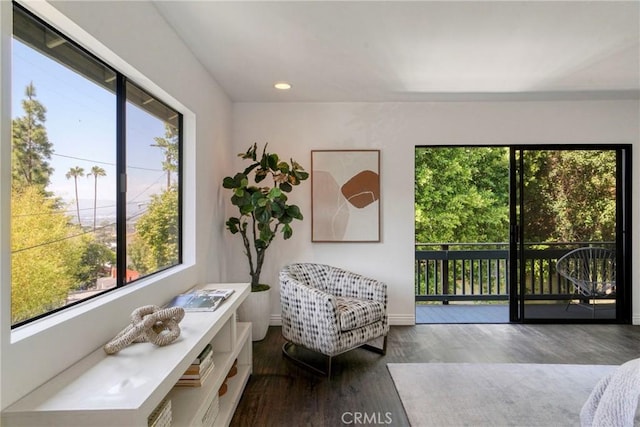 living area with recessed lighting, baseboards, and wood finished floors