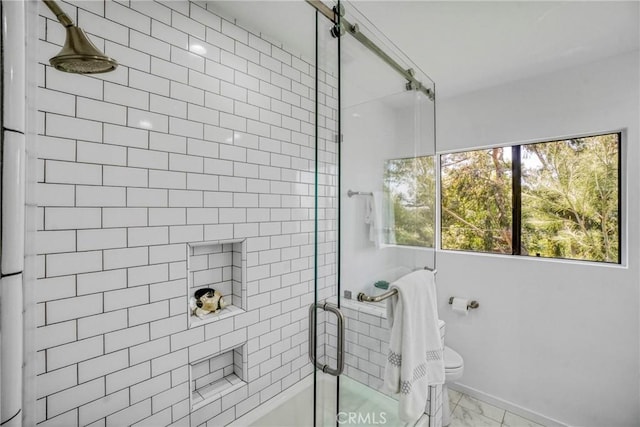 3392 Coy Dr, Sherman Oaks, CA 91423 - full bathroom with bath / shower combo with glass door, marble look tile flooring, toilet, and baseboards