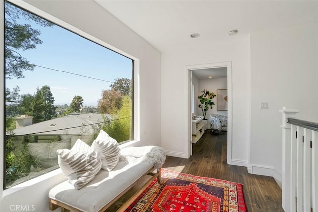 living area featuring baseboards, wood finished floors, and a healthy amount of sunlight