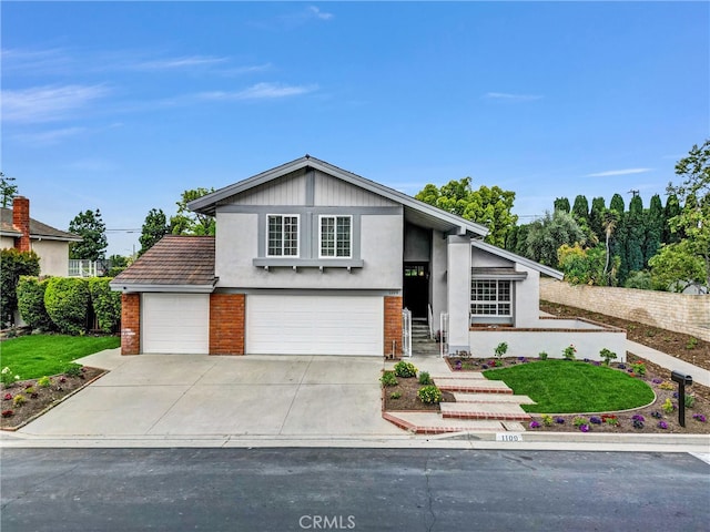 mid-century inspired home featuring concrete driveway, brick siding, an attached garage, and stucco siding
