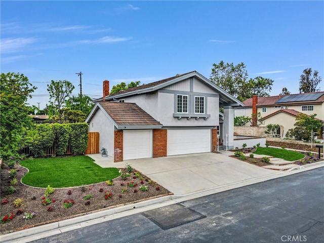 view of front of home with fence, a front lawn, a garage, stucco siding, and driveway