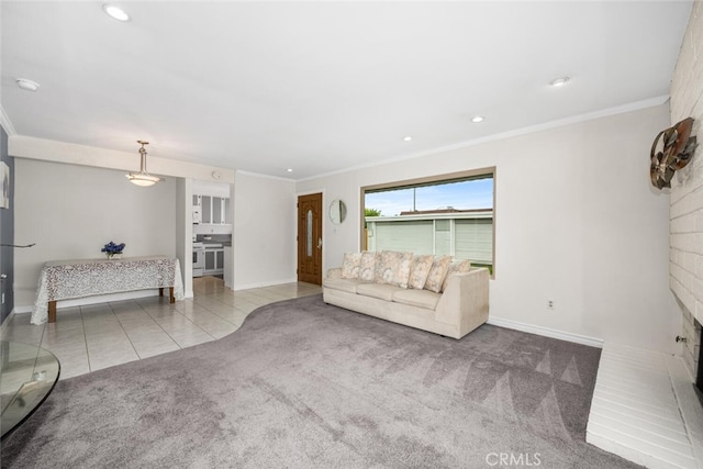 living room with crown molding, tile patterned flooring, baseboards, carpet floors, and recessed lighting