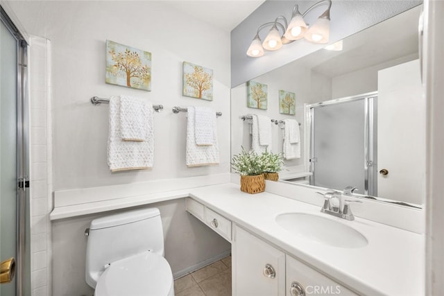 bathroom featuring vanity, tile patterned flooring, a shower stall, and toilet