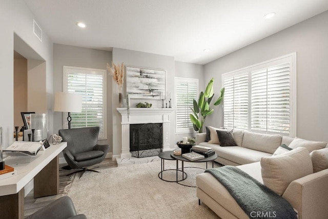 living room with visible vents, recessed lighting, wood finished floors, and a fireplace