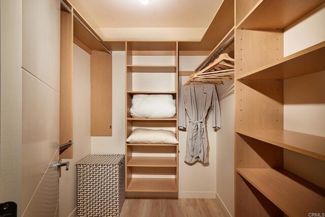 walk in closet with wood finished floors