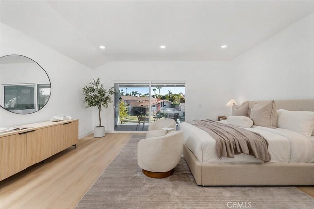 24705 Queens Ct, Laguna Niguel, CA 92677 - bedroom with access to outside, light wood-style floors, lofted ceiling, recessed lighting, and baseboards