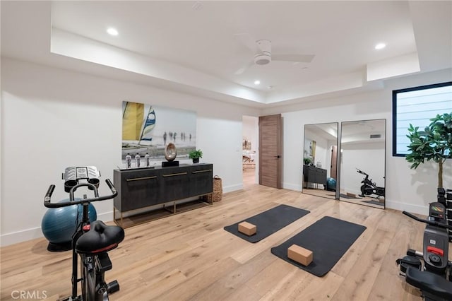 932 9th St, Manhattan Beach, CA 90266 - exercise area with a tray ceiling, a ceiling fan, wood finished floors, baseboards, and recessed lighting
