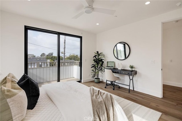 932 9th St, Manhattan Beach, CA 90266 - bedroom with access to outside, baseboards, wood finished floors, recessed lighting, and ceiling fan