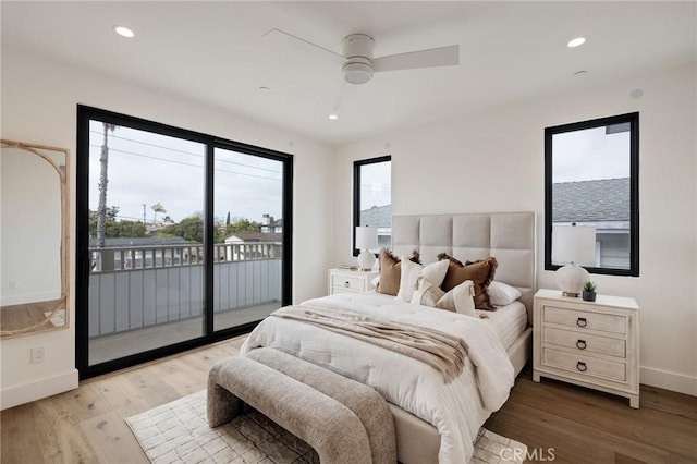 932 9th St, Manhattan Beach, CA 90266 - bedroom featuring access to exterior, baseboards, wood finished floors, recessed lighting, and a ceiling fan