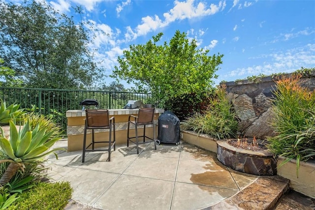 view of patio / terrace featuring grilling area, outdoor wet bar, and exterior kitchen