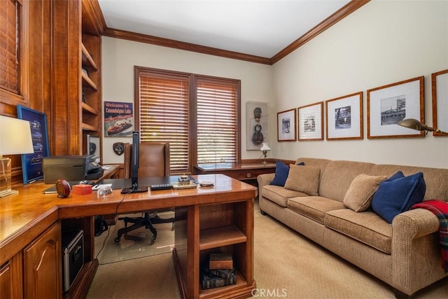 carpeted office with ornamental molding