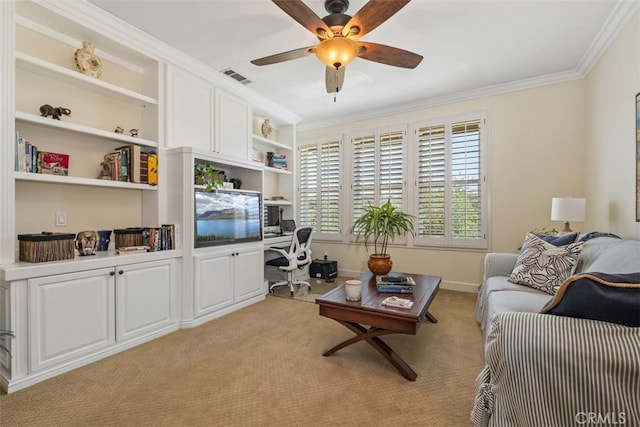 living area with a ceiling fan, visible vents, baseboards, ornamental molding, and light carpet