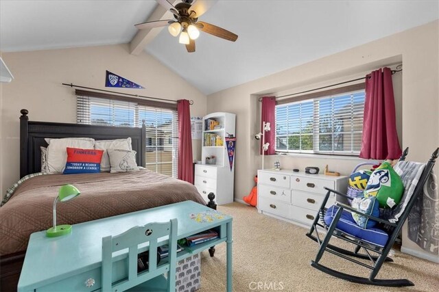 bedroom featuring carpet floors, vaulted ceiling with beams, and a ceiling fan