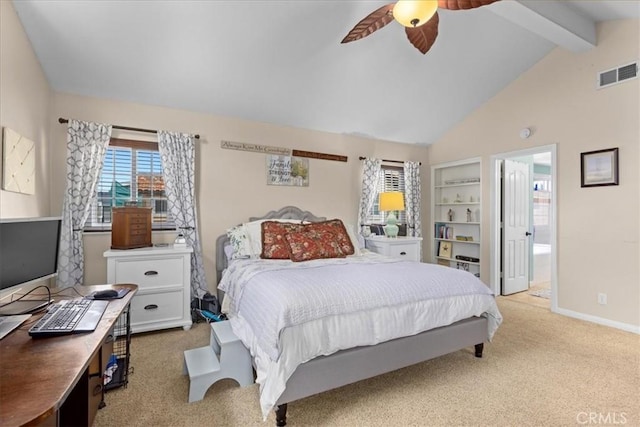 bedroom featuring light colored carpet, baseboards, visible vents, and vaulted ceiling with beams