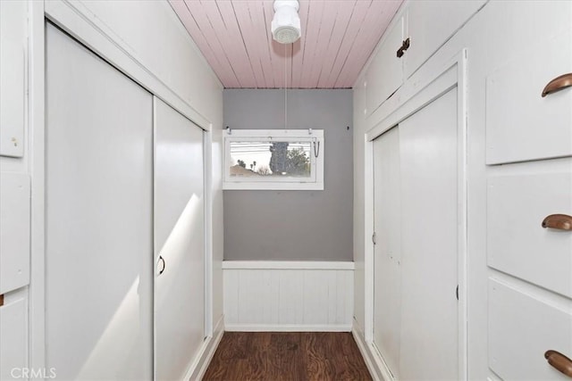 4643 Victoria Ave, Riverside, CA 92507 - corridor with wood ceiling, wainscoting, and wood finished floors