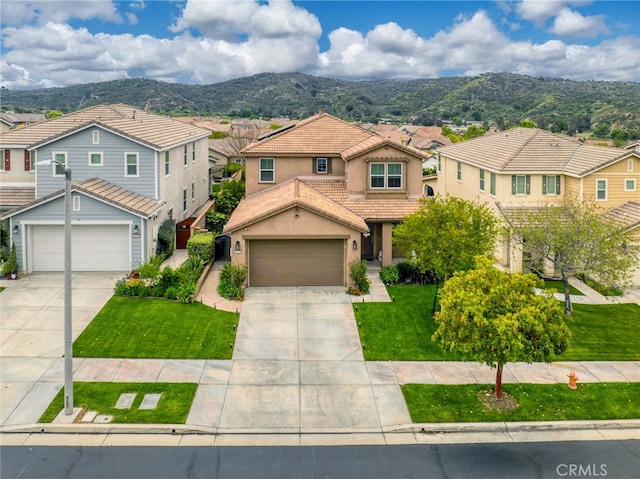 22620 Dragonfly Ct, Saugus, CA 91350 - view of front of house featuring a tiled roof, a residential view, concrete driveway, and a mountain view