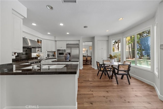 kitchen with white cabinets, dark countertops, stainless steel appliances, a peninsula, and under cabinet range hood