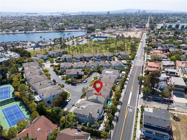 aerial view with a water view and a residential view