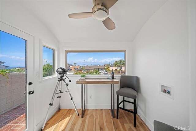206 Calle De Sirenas, Redondo Beach, CA 90277 - living area featuring lofted ceiling, ceiling fan, light wood-style floors, and baseboards
