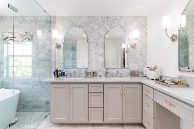 34072 Lily Rd, Yucaipa, CA 92399 - bathroom featuring tile walls, double vanity, and a soaking tub