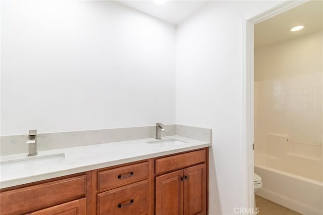 34072 Lily Rd, Yucaipa, CA 92399 - bathroom featuring toilet, double vanity, and tile patterned flooring