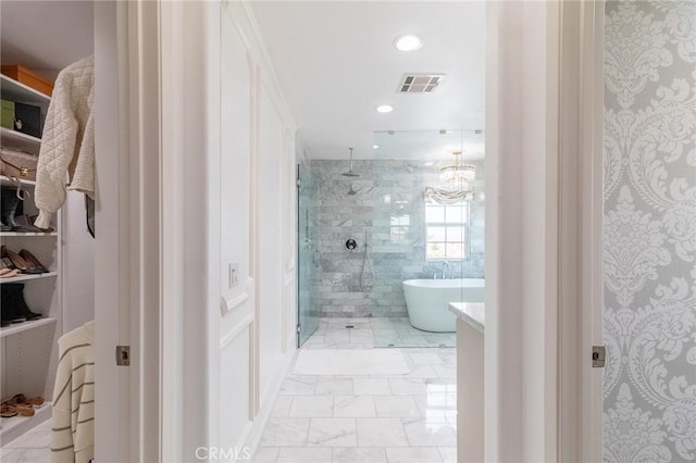 34072 Lily Rd, Yucaipa, CA 92399 - full bathroom featuring a shower stall, marble look tile flooring, a soaking tub, and recessed lighting