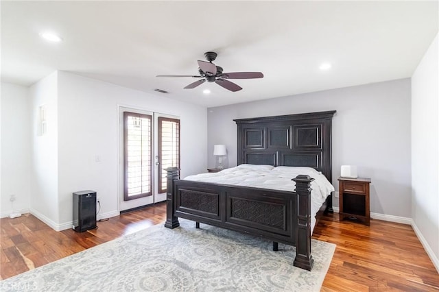 34072 Lily Rd, Yucaipa, CA 92399 - bedroom featuring access to outside, wood finished floors, baseboards, recessed lighting, and a ceiling fan