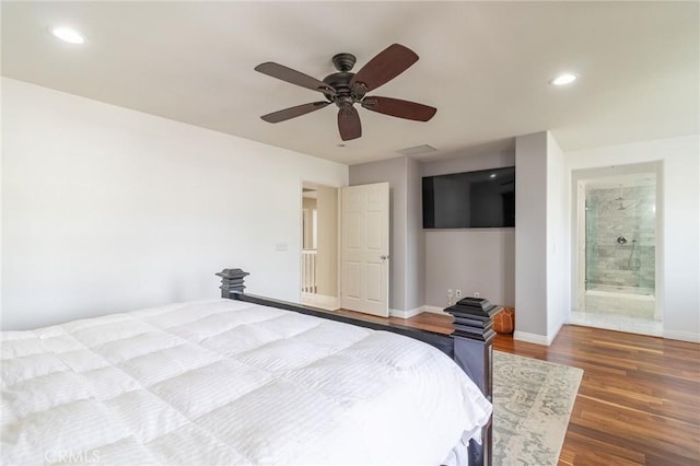 34072 Lily Rd, Yucaipa, CA 92399 - bedroom featuring wood finished floors, baseboards, recessed lighting, a ceiling fan, and connected bathroom