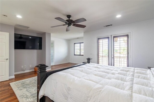 34072 Lily Rd, Yucaipa, CA 92399 - bedroom with access to outside, wood finished floors, baseboards, recessed lighting, and a ceiling fan