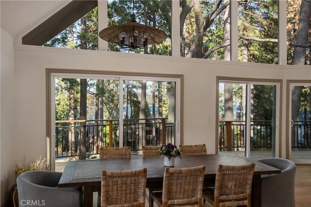 dining room with a high ceiling and wood finished floors
