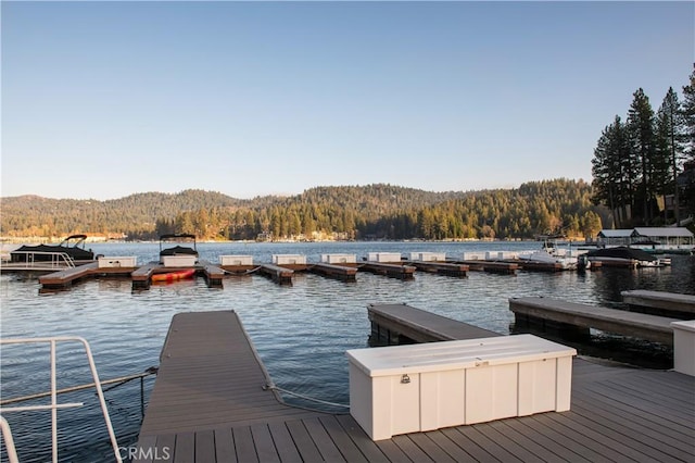 dock area with a water view and a wooded view