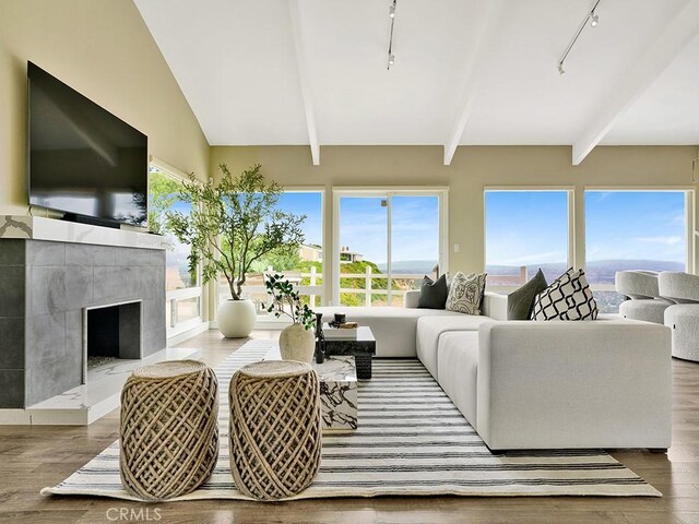 31062 Flying Cloud Dr, Laguna Niguel, CA 92677 - living room with a high end fireplace, lofted ceiling with beams, rail lighting, and wood finished floors