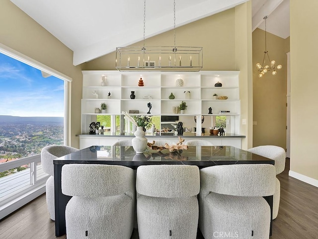 31062 Flying Cloud Dr, Laguna Niguel, CA 92677 - interior space with high vaulted ceiling, decorative light fixtures, dark wood-type flooring, and a chandelier