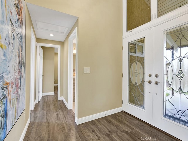 31062 Flying Cloud Dr, Laguna Niguel, CA 92677 - entrance foyer with french doors, recessed lighting, dark wood-style flooring, and baseboards