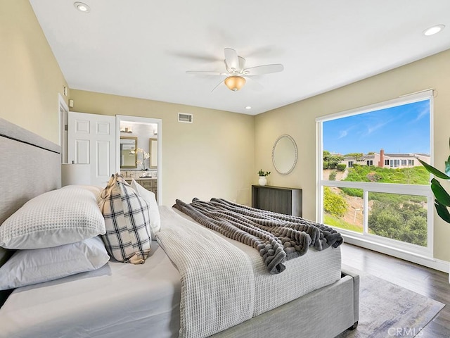 31062 Flying Cloud Dr, Laguna Niguel, CA 92677 - bedroom featuring visible vents, wood finished floors, ensuite bathroom, recessed lighting, and a ceiling fan