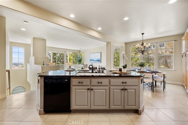 2438 Vista Del Sol Ln, Verne, CA 91750 - kitchen featuring light tile patterned flooring, a center island, a sink, dishwasher, and a notable chandelier