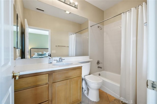 2438 Vista Del Sol Ln, Verne, CA 91750 - bathroom featuring shower / bath combination with curtain, visible vents, tile patterned flooring, vanity, and toilet