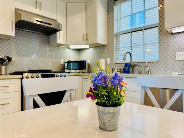 kitchen with light countertops, white cabinets, stainless steel microwave, and under cabinet range hood