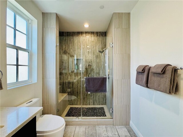bathroom featuring vanity, toilet, and a stall shower