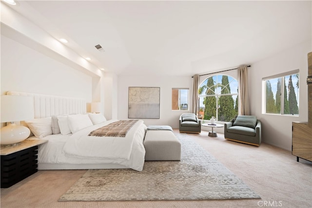 bedroom featuring carpet floors, recessed lighting, and visible vents