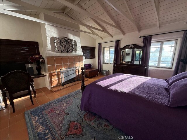 28015 Old Mine Rd, Ranchita, CA 92066 - tiled bedroom featuring wooden ceiling and a tiled fireplace