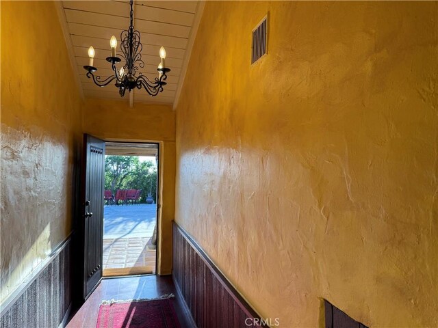 28015 Old Mine Rd, Ranchita, CA 92066 - doorway to outside with a chandelier, wooden ceiling, and high vaulted ceiling